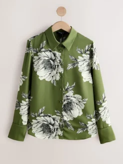 Next Long Sleeve Shirt Green/Ecru Floral Print Clearance