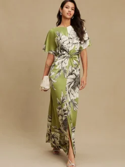 Next Textured Satin Short Sleeve Twist Front Midi Dress Green/Ecru Sale