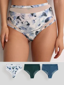 Next Mesh Trim High Waist High Leg Knickers 3 Pack Green/Navy/Navy Print Best