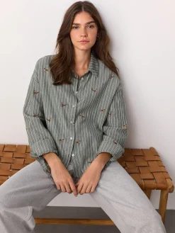 Next Green/White Stripe Conversational Embroidered Long Sleeve Shirt Discount