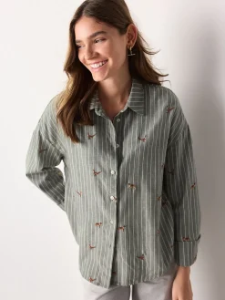 Next Green/White Stripe Conversational Embroidered Long Sleeve Shirt Discount