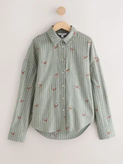 Next Green/White Stripe Conversational Embroidered Long Sleeve Shirt Discount