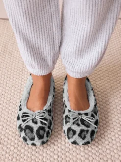 Next Ballerina Flat Slippers Grey Animal Print