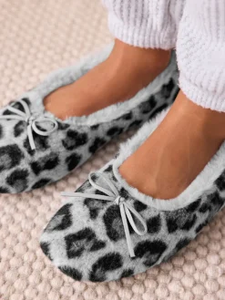 Next Ballerina Flat Slippers Grey Animal Print