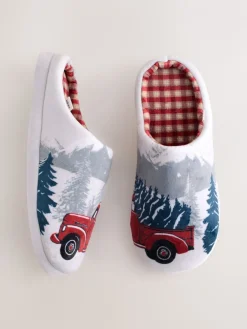 Next Grey Christmas Truck Plush Mule Slippers Hot