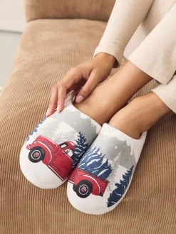 Next Grey Christmas Truck Plush Mule Slippers Hot