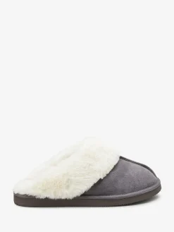 Next Grey Faux Fur Lined Suede Mule Slippers New