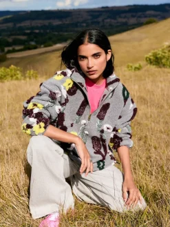 Next Grey Floral Jacquard Floral Jaquarded Borg Half Zip Neck Fleece Sweatshirt New