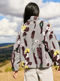 Next Grey Floral Jacquard Floral Jaquarded Borg Half Zip Neck Fleece Sweatshirt New