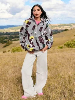 Next Grey Floral Jacquard Floral Jaquarded Borg Half Zip Neck Fleece Sweatshirt New