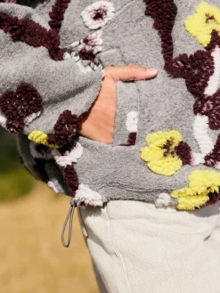 Next Grey Floral Jacquard Floral Jaquarded Borg Half Zip Neck Fleece Sweatshirt New