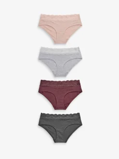 Next Grey Marl/Pink/Plum Short Cotton Lace Knickers 4 Pack Discount