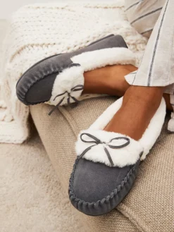 Next Grey Suede Moccasin Slippers Outlet