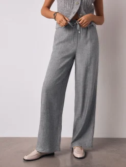 Next Grey Tie Waist Wide Leg Trousers with Wool Outlet