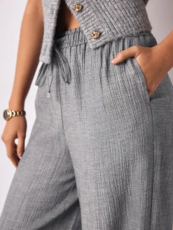 Next Grey Tie Waist Wide Leg Trousers with Wool Outlet
