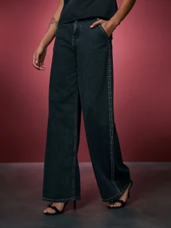 Next Grey Washed Black Embellished Studded High Rise Palazzo Wide Leg Jeans Sale