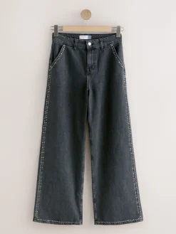 Next Grey Washed Black Embellished Studded High Rise Palazzo Wide Leg Jeans Sale