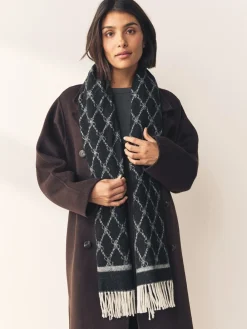 Next Premium Made in Italy Jacquard Monogram 100% Wool Midweight Scarf Grey/Black Clearance