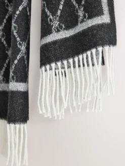 Next Premium Made in Italy Jacquard Monogram 100% Wool Midweight Scarf Grey/Black Clearance