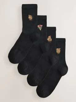 Next Hamish The Highland Cow / Tulips Embroidered Motif Ankle Socks 4 Pack Outlet