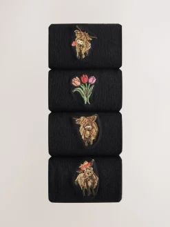Next Hamish The Highland Cow / Tulips Embroidered Motif Ankle Socks 4 Pack Outlet