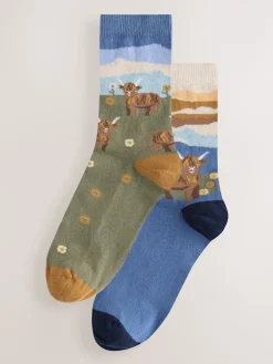 Next Warm Handle Cotton Ankle Socks 2 Pack Hamish The Highland Cow Scene Discount