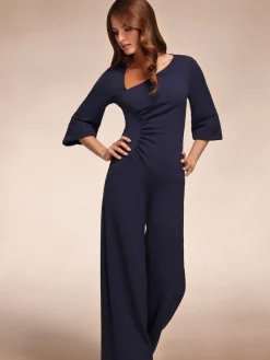 Hot Squash Ruched Jumpsuit with Sleeves Blue New