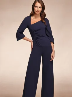 Hot Squash Ruched Jumpsuit with Sleeves Blue New
