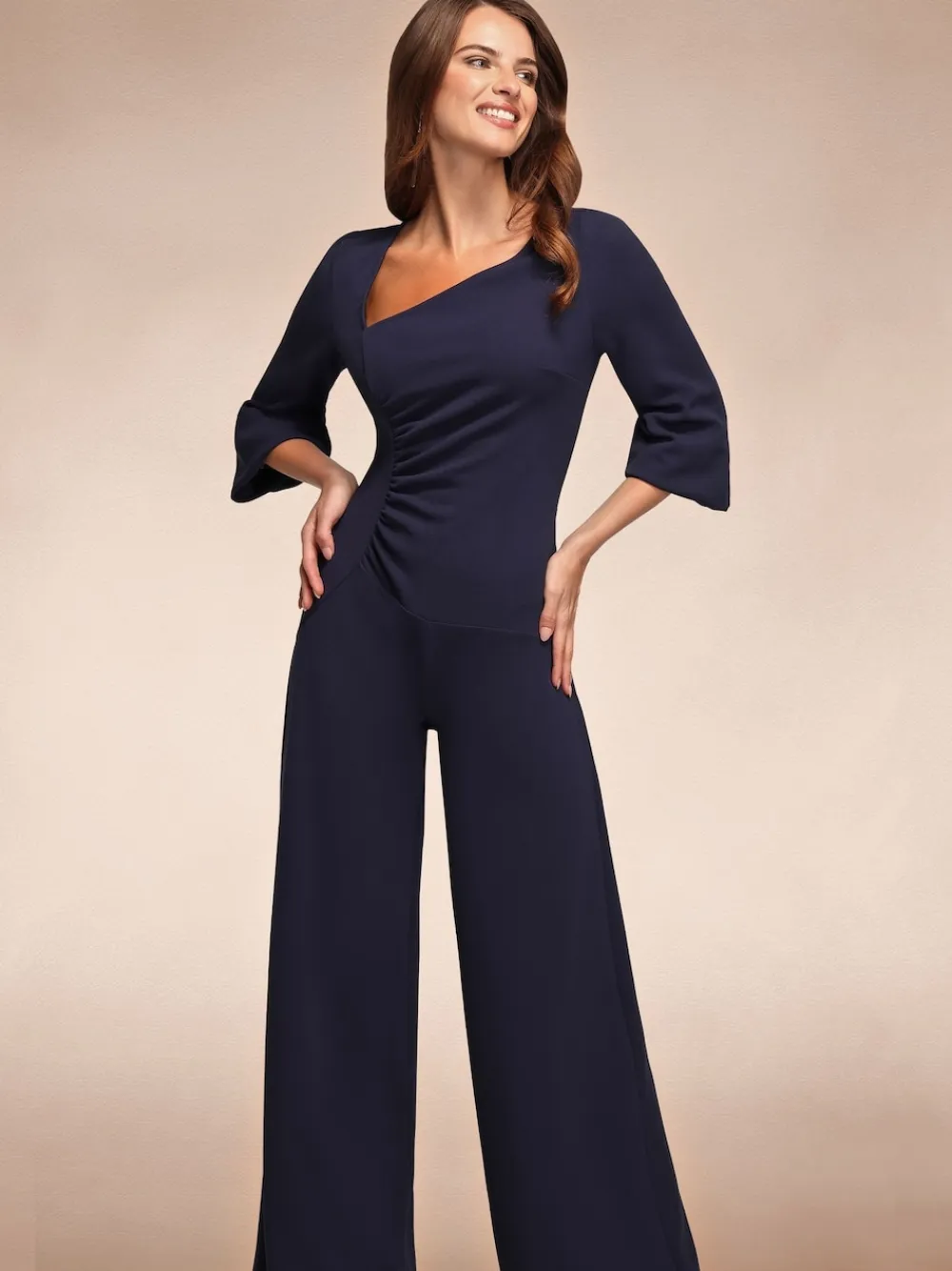 Hot Squash Ruched Jumpsuit with Sleeves Blue New