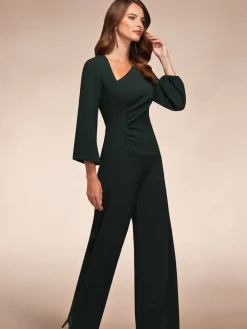 Hot Squash Ruched Jumpsuit with Sleeves Green