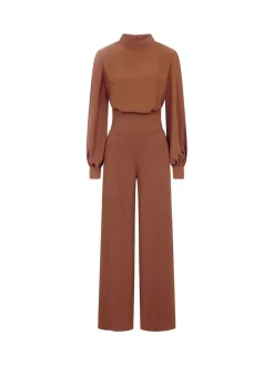 Hot Squash Wide Leg Jumpsuit with Blouson Sleeve Brown
