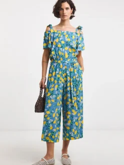 JD Williams Blue Lemon Print Crinkle Tie Strap Jumpsuit New