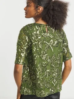 Joanna Hope Floral Sequin Green Blouse Hot