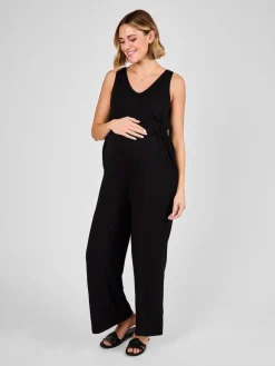 Jojo Maman Bébé Palm Tree Strap Maternity Wide Leg Jersey Jumpsuit Black New