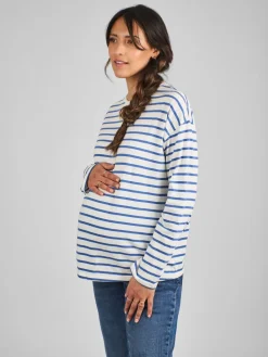 Jojo Maman Bébé Blue & Cream Stripe Long Sleeve Boyfriend Maternity T-Shirt Online