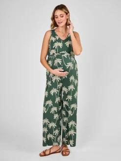 Jojo Maman Bébé Palm Tree Strap Maternity Wide Leg Jersey Jumpsuit Green Online