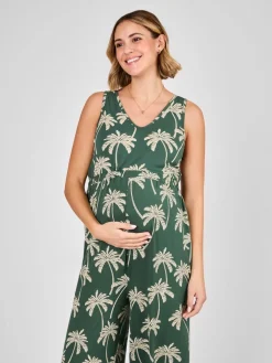 Jojo Maman Bébé Palm Tree Strap Maternity Wide Leg Jersey Jumpsuit Green Online