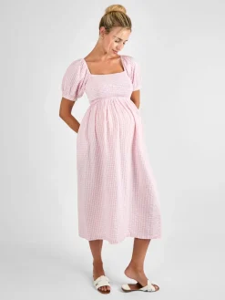 Jojo Maman Bébé Short Puff Sleeve Shirred Midi Dress Light Pink
