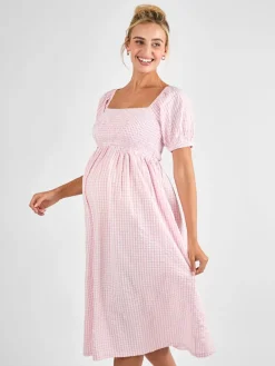 Jojo Maman Bébé Short Puff Sleeve Shirred Midi Dress Light Pink