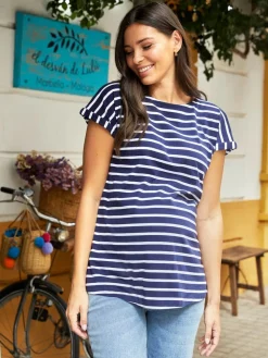 Jojo Maman Bébé Navy White Stripe Boyfriend Maternity Cotton T-Shirt Clearance