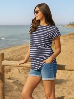 Jojo Maman Bébé Navy White Stripe Boyfriend Maternity Cotton T-Shirt Clearance