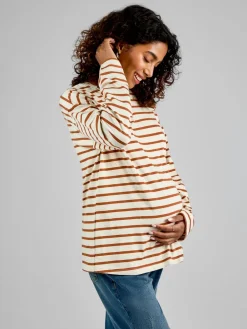 Jojo Maman Bébé Oatmeal & Toffee Stripe Long Sleeve Boyfriend Maternity T-Shirt Hot