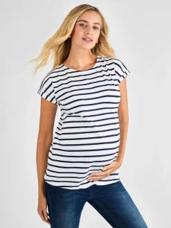 Jojo Maman Bébé White Navy Stripe Boyfriend Maternity Cotton T-Shirt Clearance