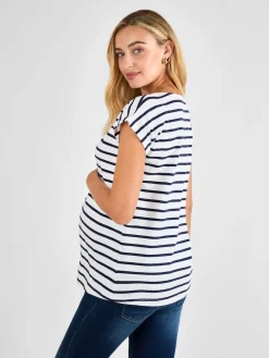 Jojo Maman Bébé White Navy Stripe Boyfriend Maternity Cotton T-Shirt Clearance
