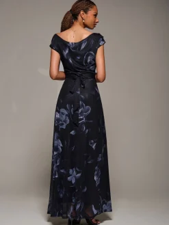 Jolie Moi Asymmetric Neck Mesh Maxi Dress Black New