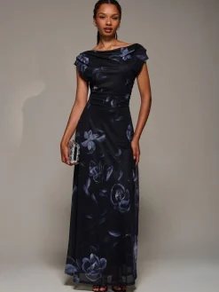 Jolie Moi Asymmetric Neck Mesh Maxi Dress Black New