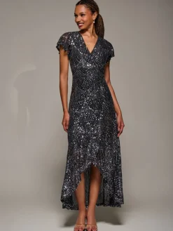 Jolie Moi Black Frill Short Sleeve Sequin Maxi Dress Clearance