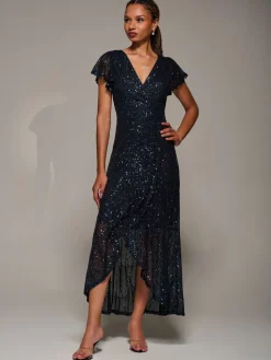 Jolie Moi Black Frill Short Sleeve Sequin Maxi Dress New