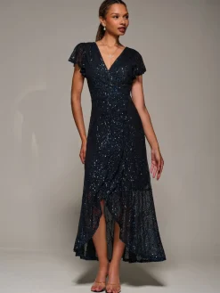 Jolie Moi Black Frill Short Sleeve Sequin Maxi Dress New