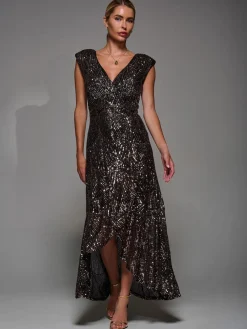 Jolie Moi Black Ground Sequin Asymmetric Ruffle Hem Maxi Dress Sale
